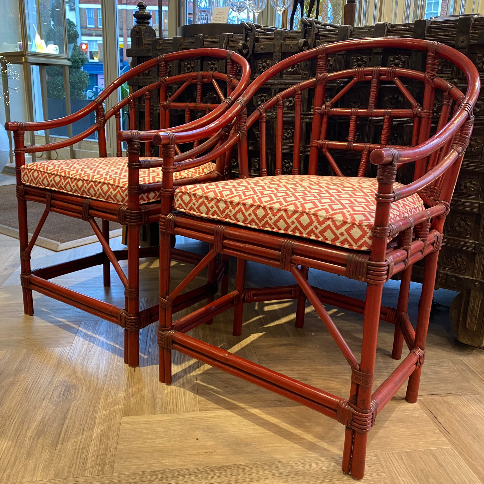 Pair of Red Lacquered Edwardian Brighton Pavilion Armchairs - Barnbury