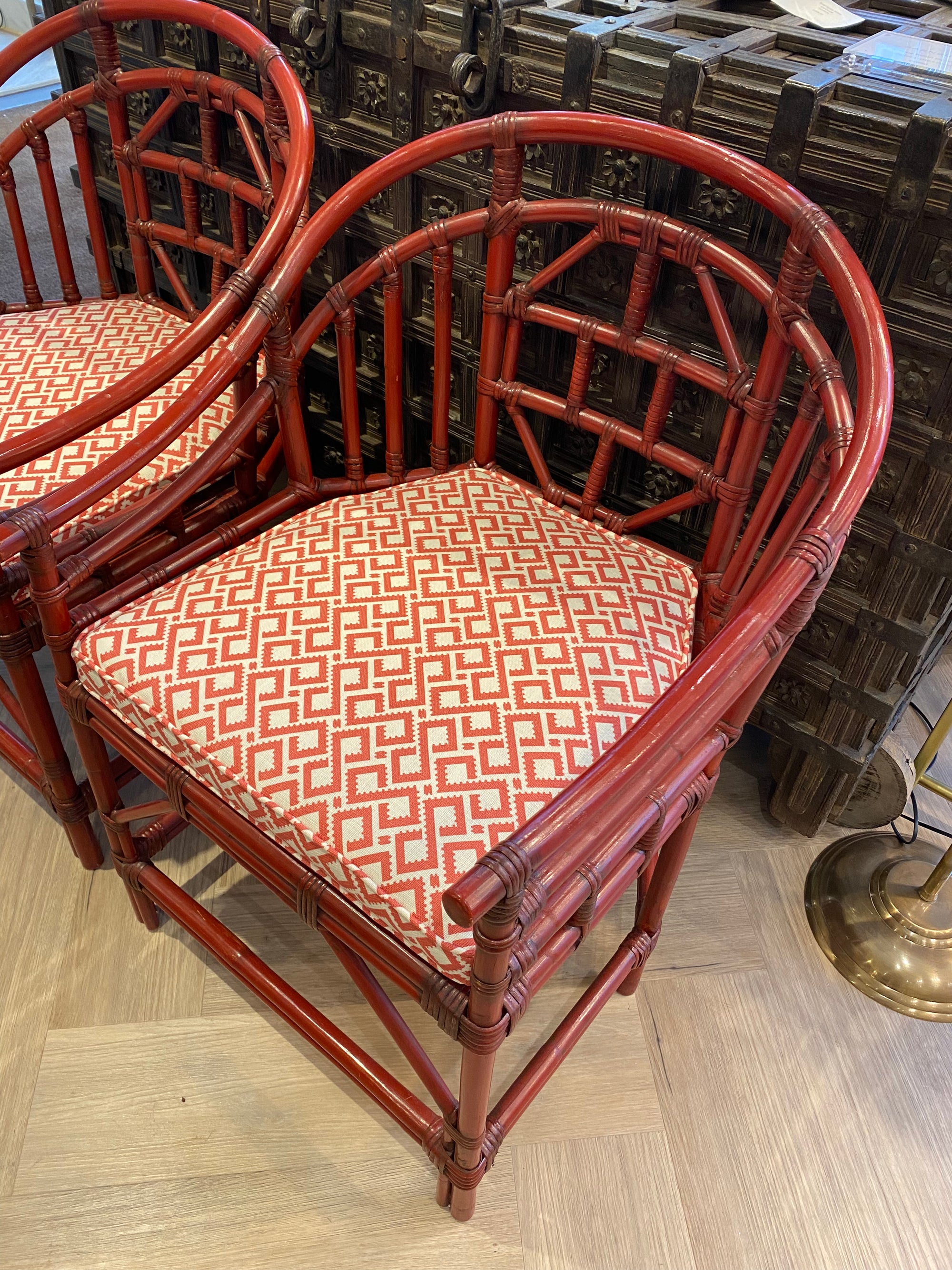 Pair of Red Lacquered Edwardian Brighton Pavilion Armchairs - Barnbury