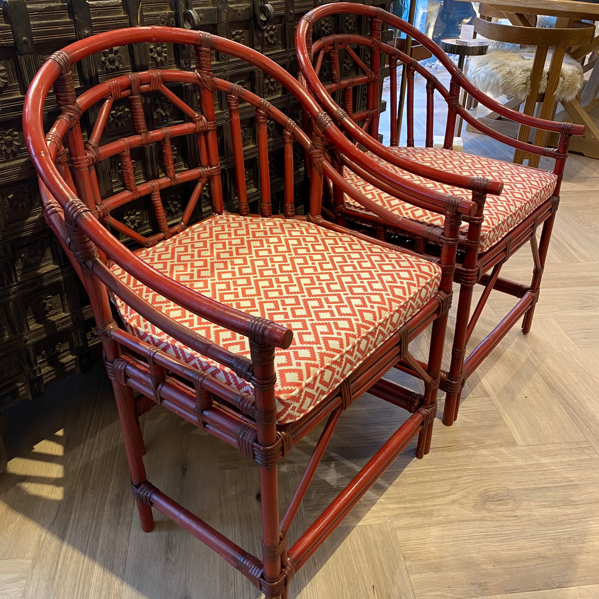 Pair of Red Lacquered Edwardian Brighton Pavilion Armchairs - Barnbury