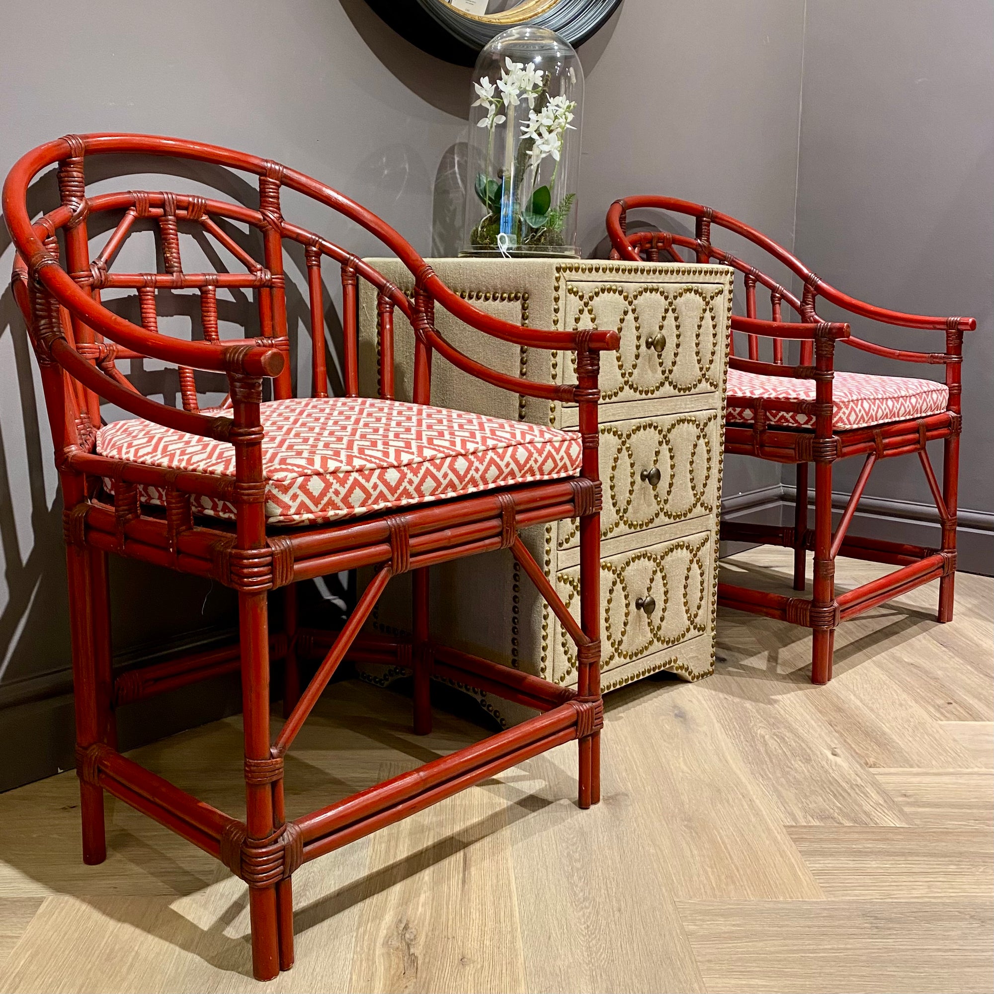 Pair of Red Lacquered Edwardian Brighton Pavilion Armchairs - Barnbury