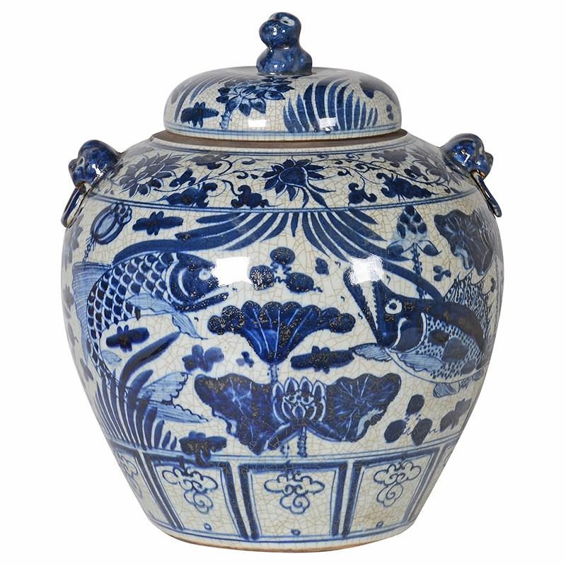 Aged Blue and White Oriental Jar With Lid - Barnbury