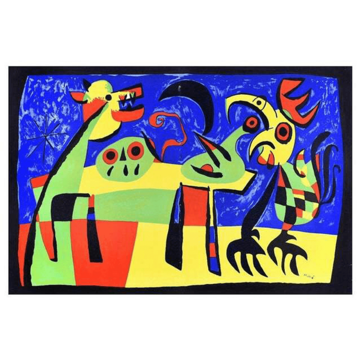 Joan Miró - Le chien aboyant à la lune reveille le coq le chant du coq picote le crane du fermier Catalan posé sur la table à coté du pourron Lithograph Barnbury 